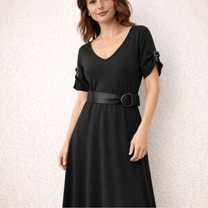 Theory Lucinda Black Minimalist Midi Dress V Neck Ruched Sleeve Modern size M